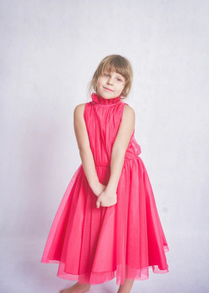 High Neck Fuchsia Tulle Tea Length Flower Girl Dress